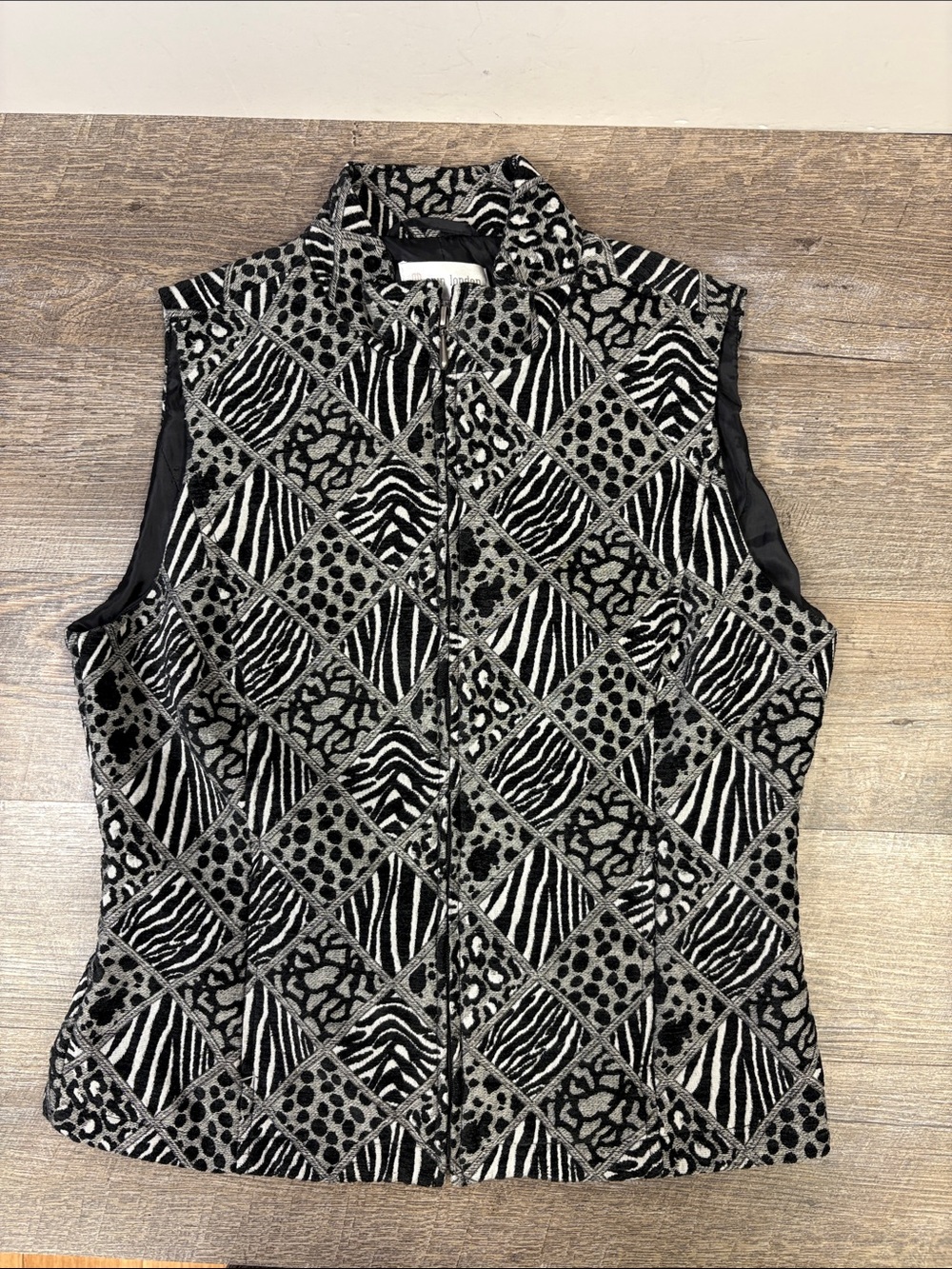 Erin London Animal Print Patchwork Full Zip Vest Black Gray Size M
